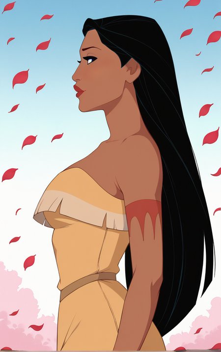 score_9, score_8_up, score_7_up, looking at viewer,  BREAK
BareShoulder_Pocahontas_ownwaifu, 
1girl, arm tattoo, black eyes, black hair, red lips, long hair, dark skin, dark-skinned female, breasts, lips, lipstick, makeup, very long hair, medium breasts, tattoo, collarbone, forehead, 
single strap, yellow dress, short dress, bare shoulders, sleeveless, cleavage, strapless,  bare arms, native american, bare legs, tribal, sleeveless dress, strapless dress, 
(contrapposto, from side, looking down, cowboy shot), falling petals, red petals, simple background, bokeh,  <lora:PONYXL_PocaHontas_ownwaifu_r1:0.85>, solo,