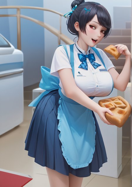 1girl, takao (kancolle), huge breast, :o, airplane hair ornament, alternate costume, apron, arm up, black hair, blue apron, blue bow, blue bowtie, blue skirt, blush, bow, bowtie, box, bread, breasts, checkered apron, checkered clothes, feet out of frame, food, gingham, gingham apron, hair bun, hair ornament, hair up, hand up, high-waist skirt, holding, kobeya uniform, leaning forward, long skirt, looking at viewer, open mouth, outline, pleated shirt, red eyes, shirt, short hair, short sleeves, single hair bun, skirt, solo, tongs, underbust, unmoving pattern, white shirt,zPDXL3, (realistic:1.3),real<lora:Mddueck:1>