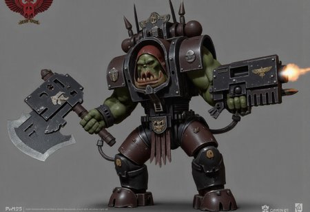 Score_9_up, absurdres, source: GamesWorkshop, grimdark, gothic horror, Warhammer 40000, a snarling ork is waving an axe in one hand and firing a machinegun in the other, lifelike, hyperrealism, perfect hands, perfect anatomy, project unreal engine