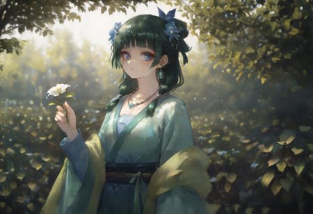 volumetric lighting, ambient occlusion, luminescent background, masterpiece, very awa, plants, flowers,
BREAK
dynamic pose,  looking at viewer, holding flower, depth of field,  leaf, branch, blurry background, absurdres, masterpeice, best quality, very aesthetic
BREAK
maomao \(kusuriya no hitorigoto\),freckles, 1girl, dappled sunlight, multi-tied hair, solo, long sleeves, looking at viewer, hanfu, makeup, necklace, earrings, wide sleeves, shawl, hair flower, hairpin,