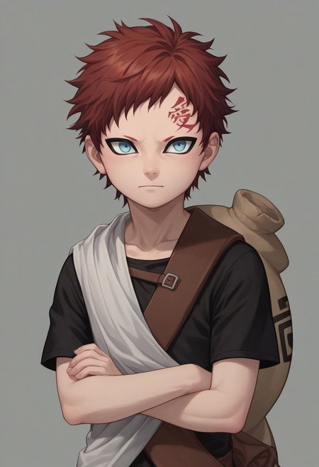 score_9, score_8_up, score_7_up, highly detailed, cute boy, 1boy, solo, young, Gaara, Red Hair, Pale Blue Eyes, Facial Mark , Black Short sleeve shirt, White Cloth Sash, leather strap, gourd