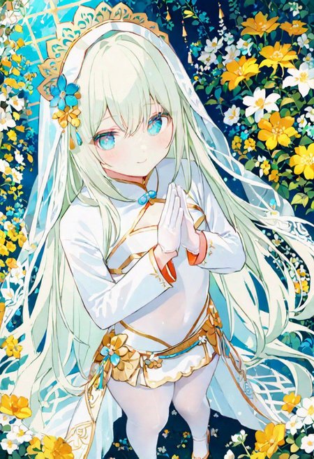 Best quality, masterpiece, fantasy flower garden, view from above, one petit priestess girl with flat chest, shining hands bound in prayer, standing upright, detailed light green long loose hair, priestess' veil, cute smooth face, gentle smile, detailed light blue eyes, detailed make up, jewelry, pure white clothes, shawl, white turtleneck leotard with long sleeves and gloves, slim waist, slim belly, thick clavicle, micro skirt, thick hips, thick thighs, white tights, heels