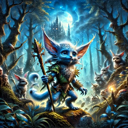 illustration of a little magical cute forest creature. The creature IS holding a spear. fantasy art, intricate details, style Jean - Baptiste Monge, style Alan Lee, anthropomorphic insanity scene from a movie, dramatic shot angle, atmospheric particles, Real, raw cinematic photorealism, action portrait, 8k, detailed, centered, full frame, blue eyes, 1980s fantasy style, Masterpiece realistic, best high quality, perfect details, intricate details, nice lighting, detailed background,<lora:1980s_Fantasy_Style_SDXL:1.0>