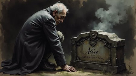 A somber/ photorealistic image portrays an elderly man in despair/ kneeling down beside the weathered headstone that bears his beloved wife's name: Alice. Her lovingly crafted inscription proclaims her as a cherished soul/ with delicate touches of whimsy through the word "Cherrists". The old man's face is etched with sorrow and grief/ as tears stream down his cheeks in poignant anguish. His worn features reveal deep lines and wrinkles/ conveying a life spent loving and losing Alice. A faint mist rises from the grave/ subtly hinting at the passage of time and the weight of loss that settles upon him. The soft focus on facial expressions allows for an empathetic connection with this broken man/ emphasizing his raw emotion as he mourns the irreparable loss of his cherished companion.