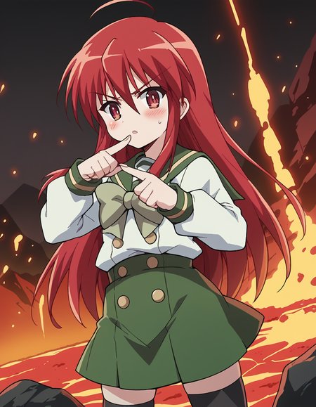 score_9, score_8_up, score_7_up, source_anime, <lora:shakugan-no-shana-s1-ponyxl-lora-nochekaiser:1>, shana, long hair, red hair, red eyes, ahoge, sidelocks,, school uniform, serafuku, bowtie, green bowtie, white shirt, green sailor collar, long sleeves, green skirt, buttons, thighhighs,, volcano, lava, rock, fire, smoke, , <lora:x-fingers-ponyxl-lora-nochekaiser:1>, x fingers, blush, parted lips,, looking at viewer, solo,, dutch angle, cowboy shot