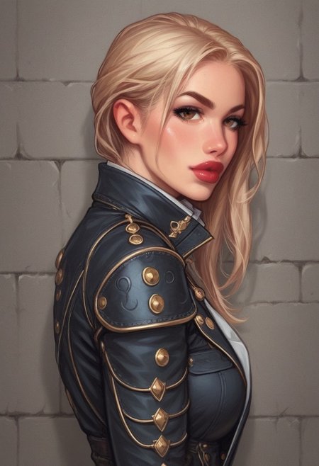 from front, (((side view))), 1girl, illustration, comic style, looking at viewer, highly detailed, (((long bob)))
(((side view)))
In a gritty, noir-inspired urban setting bathed in the harsh glow of neon lights, K4TH3R1N3, a striking woman with platinum blonde hair cascading down her back, stands against the cold brick wall of an abandoned warehouse. Her piercing brown eyes are parted, revealing a hint of red lipstick-stained lips as she gazes directly at the viewer, challenging and intriguing in equal measure. The camera angle is low, casting her figure in sharp relief, with the dramatic shadows emphasizing the high collar of her unique outfit: a tailored trench coat made from a shimmering material that catches the light, adorned with intricate, steampunk-inspired metal accents. ((dynamic pose))
((full-clothed)),
BREAK 
dynamic pose <lora:Cherry-Gig:0.55> ((((full-clothed)))), 
BREAK
((dark room background))) score_9, score_8_up, score_7_up, score_6_up, source_cartoon, rating_explicit, Expressiveh, (((((upper body))))), dynamic pose