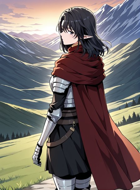 <lora:Aya_Grephin__The_Beginning_After_the_End__Illustrious:1>
1 girl, solo, female elf, medium length black hair, pointed ears, mole under left eye, black eyes, 
dark red cape, red scarf, golden crest, white chest armor, silver gauntlets, armored gloves, black undershirt, dark skirt armor, waist belts, thigh armor, armored boots, cloak fluttering, fantasy knight outfit, fantasy style
score_9, score_8_up, score_7_up, source anime, BREAK, cowboy shot, (from side), looking back, looking at viewer, overlooking mountain, high altitude, scenery, exterior, background