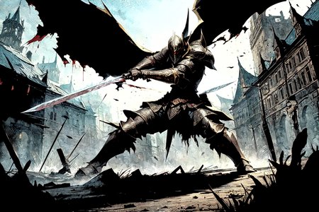(masterpiece, best quality, mature, ultra detailed:1.1) a black knight fighting a white knight, large swords, plate armor, bleeding, injured, destroyed village, fantasy, detailed background <lora:add_detail:1.2>