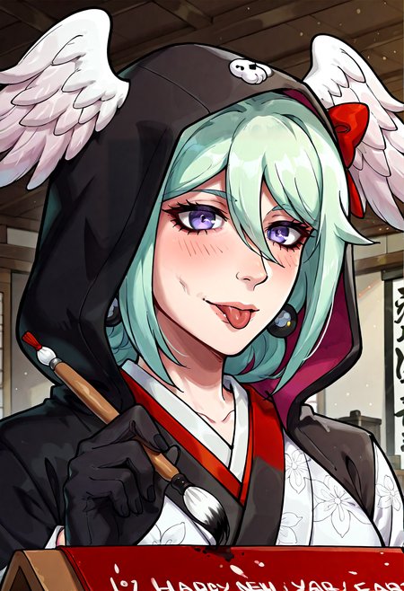IllustriousQual, <lora:StS-Illustrious-Detail-Slider-v1.0:2> <lora:cfg_scale_boost:0.3> <lora:StS_Age_Slider_Illustrious_v1:3>,detailed_background,indoors,smile,hair between eyes,hood up,thorn print,solo,white kimono,medium hair,sunday \(honkai: star rail\),1boy,calligraphy brush,highres,portrait,closed mouth,2025,hood,red bow,danganronpa: trigger happy havoc,tongue out,hair ornament,happy new year,danganronpa \(series\),paintbrush,hy \(fjvlg\),holding calligraphy brush,black gloves,feathered wings,enoshima junko,honkai \(series\),bird,black kimono,white wings,new year,hand up,head wings,nail polish,japanese clothes
