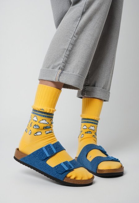 (photograph of woman's feet wearing socks and sandals and leggings), 1girl, solo, dynamic_pose, simple_background, white_background, scksnsndls, patterned blue and yellow socks, lower_body, footwear_focus, ankles, calves, birksonsocks, birkenstock
