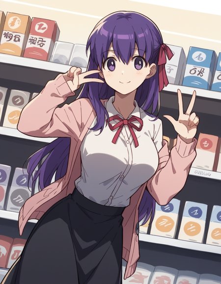 score_9, score_8_up, score_7_up, source_anime, <lora:carnivalphantasm-sakura-matou-ova-ponyxl-lora-nochekaiser:1>, sakura matou, long hair, purple eyes, purple hair, ribbon, hair ribbon, red ribbon, large breasts,, shirt, white shirt, cardigan, pink cardigan, long sleeves, skirt, black skirt, long skirt, music store, browsing records, headphones, vinyl collection, nostalgic, smile, , v, v over eyes,, solo,, dutch angle, cowboy shot
