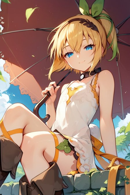 score_9, score_8_up, score_7_up, very aesthetic, source_anime, detailed, high quality, beautiful, masterpiece,
<lora:lightXL:0.8> 
indoor, blurry background,
cowboy shot,  close up, first person view, from below
flat chest,  naughty smile, feet focused,  sitting, half eyes closed,
<lora:edna_v05:1>
edna \(tales\), short hair, blonde hair, multicolored hair, orange hair, high ponytail, blue eyes, hair between eyes, white dress, sleeveless dress, boots, leg ribbon, brown hairband, green hair ribbon, umbrella,  feet,, zPDXL