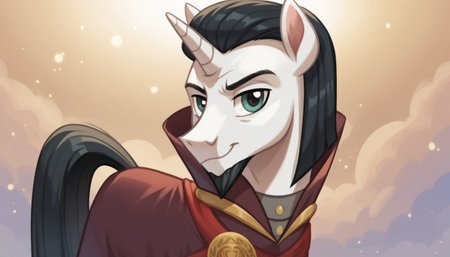 score_9, score_8_up, score_7_up, score_6_up, score_5_up, score_4_up, my little pony, <lora:Chancellor neighsay:1>chancellor neighsay, pony , unicorn, solo white body, black hair, ( boy:1.5),beautiful, detailed, (detailed cute pony face), detailed eyes, detailed fur, detailed hooves, beautiful, vector, flat colors, (beautiful long eyelashes), (beautiful hooves), (abstract background:1.8), (looking at you, looking at viewer:1.5), smile, happy, close-up, upper view <lora:OtherStyle_01:1> <lora:detailed_notrigger:1>