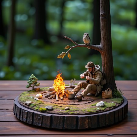 A miniature diorama of a traveler cooking over a campfire in the woods at night. His dog sits beside him and his new friend, an owl, sits on a nearby tree branch. A magical night. <lora:Flux.1_Turbo_Detailer:0.7>, <lora:Diorama_Flux:0.8>
