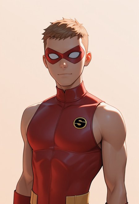masterpiece, absurdres, high quality, perfect anatomy, 1boy, solo, cute boy, male focus, SpeedyTT, portrait, cinematic, intricately detailed illustration, depth of field, masterpiece, best quality, amazing quality, very aesthetic, absurdres, newest, very awa,  shadow, dynamic angle, casual cosplay, dynamic pose, simple background, domino mask, sleeveless, red bodysuit