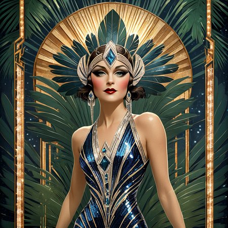 ArsMJStyle, Art Deco, <lora:add-detail-xl:1.2>,   <lora:Art_Deco:1>, A striking Art Deco-style portrait of a Movie Star, performing at the Folies Bergère in Paris, her sequined costume and feathered headdress rendered in bold, geometric shapes against a backdrop of stylized palm leaves and spotlights.