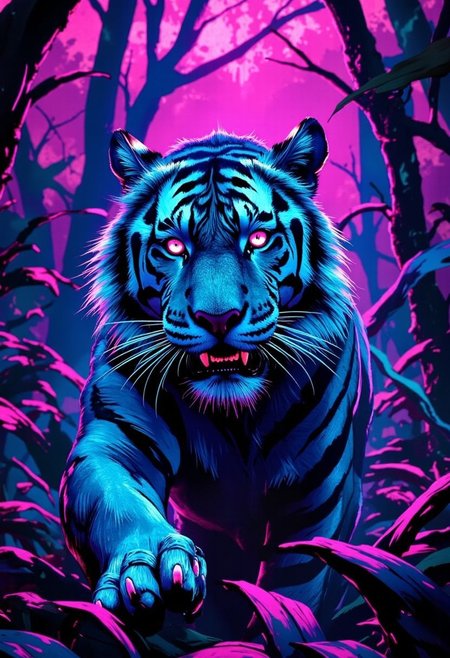 A fierce tiger prowling through a neon blue jungle, set against a deep crimson sky, with blue light reflecting on its striped fur,     highly detailed,gold,silver, bo-neon, ArcaneFGTNR