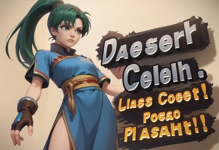 score_9, score_8_up, score_7_up BREAK  <lora:SSBUSplashArt_XLPD_1:1.4> SSBUSplashArt, english text, <lora:lyn-pdxl-nvwls-v1:0.8> defLyn, green hair, high ponytail, blue dress, short sleeves, sash, side slit, fingerless gloves