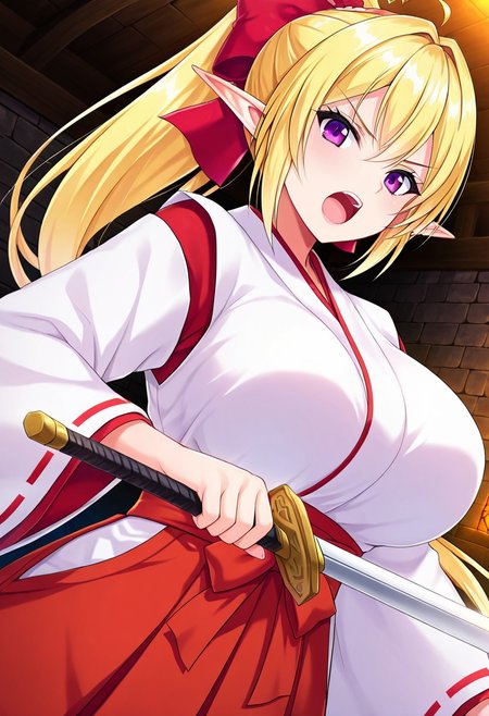 general,highres, ultra-detailed,very aesthetic,best quality ,best hands,best eyes,easynegative,
dynamic anglre, dutch angle, anime cloring,anime screencap,
1girl solo,looking at viewer,castle, indoors, holding sword, open mouth  fighting, 
Fine(elf ver),blonde_hair, ponytail, purple eyes, elf,huge_breasts,miko costume,