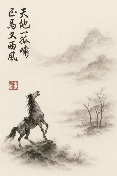 Prompt is based on the the last two lines of this Song dynasty poem, which I posted in the comment section. 

<translated poem> 
Under the vault of heaven I loose a lone, long cry—
one rider, turning his horse into the west wind again 
</translated poem>