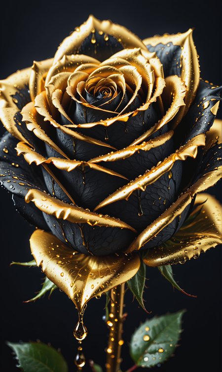 Professional Macro shot of perfect black rose, dripping golden water drops, dripping liquid gold, golden reflections// detailed digital hyper realistic intricate details, HDR, beautifully shot, hyperrealistic, sharp focus, 64 megapixels, perfect composition, high contrast, cinematic, atmospheric, moody<lora:xl_more_art-full_v1:0.3>