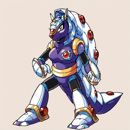 score_9, score_8_up, score_7_up, armored armadillo, mmx, purple + gold armor, armadillo, metallic, robot animal, shell, red nose, armadillo ears, genderswap, 1girl, female, solo, cute, breast, yistyle, watercolor, no blur, vector art