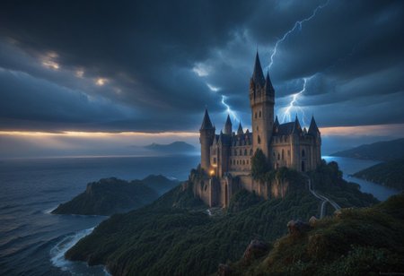 Stable_Yogis_PDXL_Positives, masterpiece,best quality,amazing quality,very aesthetic,high resolution,ultra-detailed,absurdres,newest, outdoors, mw01out, mwl01, castle, castle on the edge of a cliff, white walls, purple turrets, nighttime, night, thunderstorm in the distance, thunderclouds, overlooking the ocean, stormy