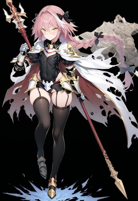 masterpiece, best quality, ultra-detailed, beautiful, nai3, 1girl, solo, full_body, tachi-e, 
astolfo \(fate\), 1boy, armor, black thighhighs, braid, cape, full body, garter straps, gauntlets, hair between eyes, hair ribbon, holding, holding polearm, holding weapon, lance, long hair, male focus, otoko no ko, pink hair, polearm, ribbon, riding, single braid, solo, thighhighs, torn cape, torn clothes, weapon, yellow eyes