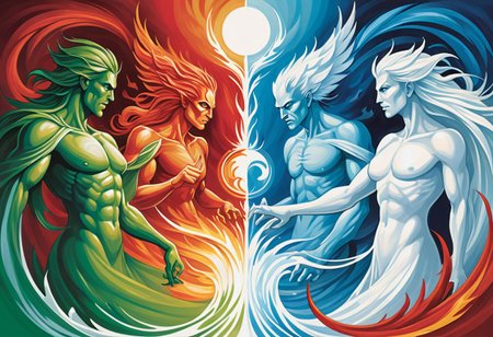 Four spirits fighting each other, each spirit has its own theme (red/fire, blue/water, white/air and green/earth), (image parted in four quarters:1.1) with each quarter dedicated to its own themed spirit