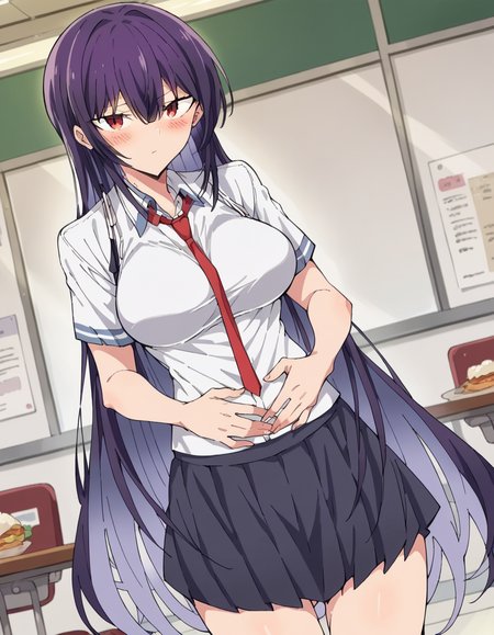 score_9, score_8_up, score_7_up, source_anime, <lora:takane-takamine-trailer-ponyxl-lora-nochekaiser:1>, takane takamine, long hair, red eyes, purple hair, large breasts, bangs, very long hair, hair between eyes, skirt, necktie, red necktie, school uniform, shirt, white shirt, pleated skirt, short sleeves, collared shirt, black skirt, miniskirt,, restaurant, tables, food, waiters, guests, , hands on stomach, blush,, looking at viewer, solo,, dutch angle, cowboy shot