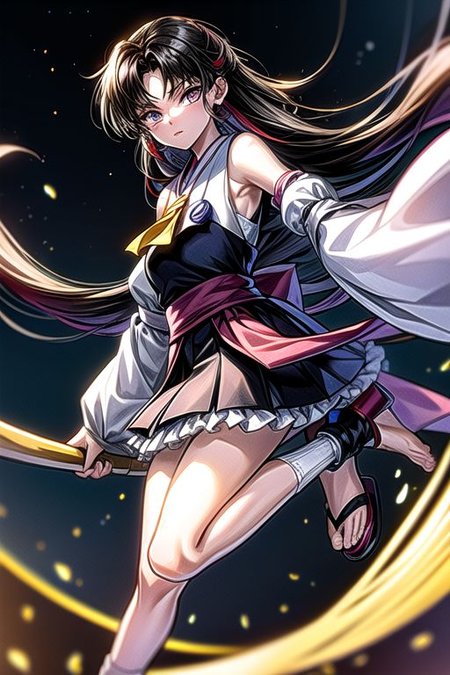 masterpiece,  best quality 1girl Setsun4 solo long hair,  (night time) forest background black hair very long hair purple eyes multicolored hair armor (fur trim) (medium body),<lora:EMS-179-EMS:0.800000>,<lora:EMS-293862-EMS:0.800000>ascot, bare shoulders, black footwear, detached sleeves, embellished costume, frills, japanese clothes, nontraditional miko, red skirt, sandals, sarashi, skirt, socks, white sleeves, white socks, wide sleeves, yellow ascot, zouri, armor, miko