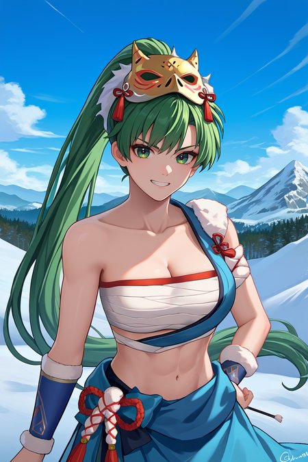 score_9, score_8_up, score_7_up, score_6_up, source_anime BREAK 1girl, solo <lora:lyn-pdxl-nvwls-v1-000005:1> flmLyn, green hair, high ponytail, mask on head, collarbone, single bare shoulder, single sleeve, white bandeau, cleavage, wrist wrap, white rope, blue skirt, bracers, mountains, snow-covered mountains, clouds, serious, grin, looking at you