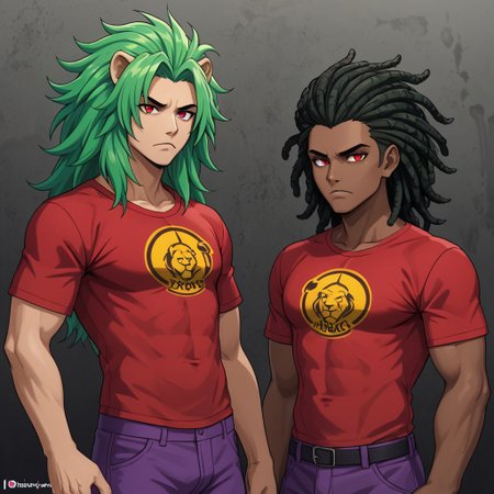 Dark skinned male, serious face, neon green hair, red eyes, wild hair, purple Pants, red shirt ,lion logo on shirt