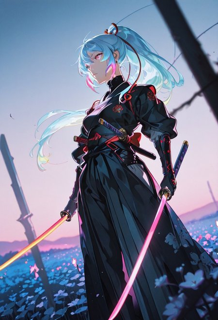 <lora:ck-yoneyama-mai-IL-000014:1>, masterpiece, best quality, good quality, very aesthetic, absurdres, newest, 8K, depth of field, focused subject, 
dynamic angle, medium close up, wabi sabi, 1girl, samurai, ethereal presence, long flowing pastel blue hair, wielding a glowing katana, standing, cherry blossom field at dusk, soft lighting, vibrant neon highlights, Yoneyama Mai style, highly detailed anime illustration, dreamlike atmosphere, cinematic composition
ckym, in the style of ckym,