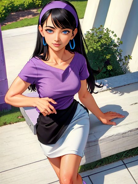 best quality, high quality, highres, intricate detail, raw photo, 1 sexy girl, 18-years-old, blue eyes,  black color hair, detailed hair,  solo, smiling, (perfect model woman), detailed body, detailed face (full body portrait), standing, white headband, (purple t-shirt:1.5), (White mini skirt:1.2), detailed public park, (perfect ligths, shadows), 8k, sharp, (hyper realistic). loos at viewer, grain film, nikon d850 film stock photograph 4 kodak portra 400 camera f1.6 lens rich colors hyper realistic <lora:trixieCharacter_trixiev1:1>
