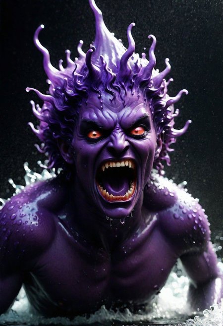 , The play of light on their hair and face, adds a touch of horror turning ordinary droplets into a symphony of aquatic terror, dancing in the realm where water meets its domonic appocalypse , awesome full color, full-body angle, purple DEVIL SPAWN