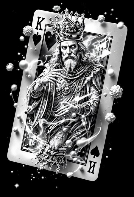 Create a detailed black and white pencil sketch that combines the following elements into a cohesive and harmonious design, perfect for a tattoo. The sketch should show a King of Hearts card from the American deck of cards transformed into a stunning 3D hologram. The King comes to life, emerging from the card as if it were passing through space, floating directly in front of you. Generating a futuristic effect that blurs the boundary between the virtual and the real. The card is no longer a simple object, but an immersive interactive experience that transports you to a world where fantasy and technology merge. This hologram is perfect for environments where creativity and innovation have no limits, in a futuristic atmosphere, designed to surprise and captivate those who witness it.