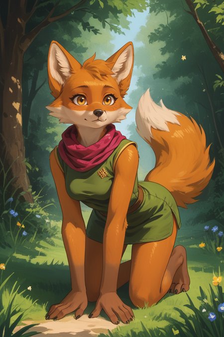 score_9,score_8_up,score_7_up,rating_safe,from the side,looking at viewer,forshotening,cute,short stature,
1girl,fox girl,ruin seeker,solo,canid,yellow eyes,gold eyes,fox,anthro,breasts,orange body,dipstick tail,orange fur,brown feet,tail,tail markings,markings,green clothes,tunic,sleeveless,red scarf,miniskirt,short skirt,gold sparkle,
on all fours,
expressiveh,painterly,faux traditional media,
<lora:Expressive_H-000001:0.5>,<lora:incase_2024_style_v2:0.5>,<lora:VGC_TUNIC_XL:0.8>,<lora:Faux Oil Painting Style LoRA_Pony XL v6:0.4>,<lora:Zootopia_style:0.4>,