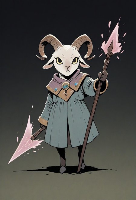 (masterpiece, best quality, high quality, highres), very awa, highres, absurdres, intricate detailed, 
ROOT, solo, full body, close to viewer, (no humans:1.1), eyes, 
1girl, (goat:1.1), necromancer,
holding, magic spear,
posing, battle pose,