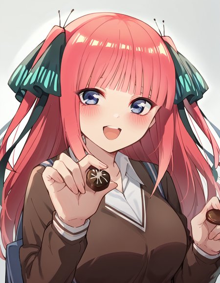 score_9, score_8_up, score_7_up, source_anime, <lora:nnakano-s2-ponyxl-lora-nochekaiser:1>, long hair, bangs, blue eyes, hair ornament, hair ribbon, pink hair, blunt bangs, two side up, butterfly hair ornament, large breasts,, <lora:incoming-chocolate-ponyxl-lora-nochekaiser:1> incoming food, chocolate, holding, holding chocolate, holding food, food, looking at viewer, open mouth, blush, smile, school uniform,, ,