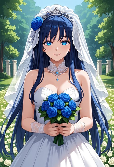score_9,score_8_up,score_7_up,source_anime,5_figner,2d_animation,game cg,BREAK,1girl,solo,Yae,Lufia,blue eyes,very long hair,dark blue hair,hair ornament,wedding dress, ribbon, bare shoulders,jewelry, hair ribbon, flower, hair flower, white dress,rose, white footwear, veil,blue flower, 
bouquet,bridal veil, blue rose, holding bouquet,bride,
middle breast,upper body,looking at viewer,front view,smile,
flower meadow,outdoor,
masterpiece,best qualit,ultra-detailed,illustration,an extremely delicate and beautiful,beautiful detailed eyes,unity 8k wallpaper,high resolution,anime CG,official_art,