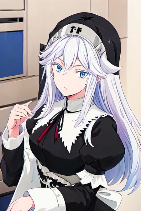 solo, 1girl, solo_focus, 
sister ivry, long hair, bangs, blue eyes, hair between eyes, white hair,, maid, nun, habit, puffy sleeves, long sleeves, dress, black dress,