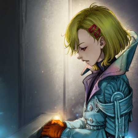 best quality, masterpiece, cinematic light, netsu, blonde hair, short hair, hair ornament, night,jacket, glove
