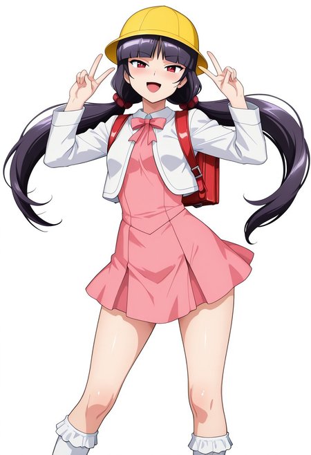 score_9,score_8_up,score_7_up,source_anime,5_figner,2d_animation,game cg,BREKE,1girl,solo,
zzSabrina, red eyes, long hair, blunt bangs, sabrina, purple hair, black hair, 
frilled socks,white jacket,pink dress,yellow school hat,vinyl red school backpack,bobby socks,twin tails, ribbon,Double Peace Sign,blush,naughty face
smile,cowboyshot,openmouth,
small breasts,
simple background,white background,
masterpiece,best qualit,ultra-detailed,illustration,an extremely delicate and beautiful,beautiful detailed eyes,unity 8k wallpaper,high resolution,anime CG,official_art,Erotic_style, anime_coloring, anime_screencap,