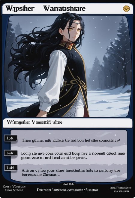c4rd,english text,character name,
dark lighting, standing, from side, expressionless, looking at viewer, blizzard, snow, snowing, windy,
NSLimstellaFE7, black hair, long hair, yellow eyes, circlet, black coat, gold trim, collared shirt, long sleeves, white sleeves, red collar, white pants, cross-laced pants, thigh boots
,score_9,score_8_up,score_7_up, source_anime,
 <lora:MTG_card_v2:1>   <lora:NSLimstellaFE7:1>