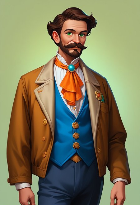 score_9, score_8_up, score_7_up, mgas, masterpiece, best quality, detailed eyes, detailed face, perfect eyes, high detailed, absurdres, highres, casual game art, mobile game art, merge 3 game art, character design, BREAK, 1boy, man, ((elderly, old)), solo, green eyes, (dark brown hair with gray strands), (beard and mustache with white hairs, short hair), (gold monocle with chain), white shirt under jacket and vest, orange tie, blue vest with one button over shirt, brown jacket under jacket and shirt, brown lapel, ((brooch in the form of a yellow shell with a blue pearl on the right lapel)), (dark orange patch on elbow), dark blue trousers, BREAK (the right hand holding the edge of the jacket, the left hand holds a yellow book with a red and green bookmark), the arms are bent at the elbow, standing, cowboy shot, semi-sideways, half-sideways, looking at viewer, BREAK simple background, blurred background, gradient on the background