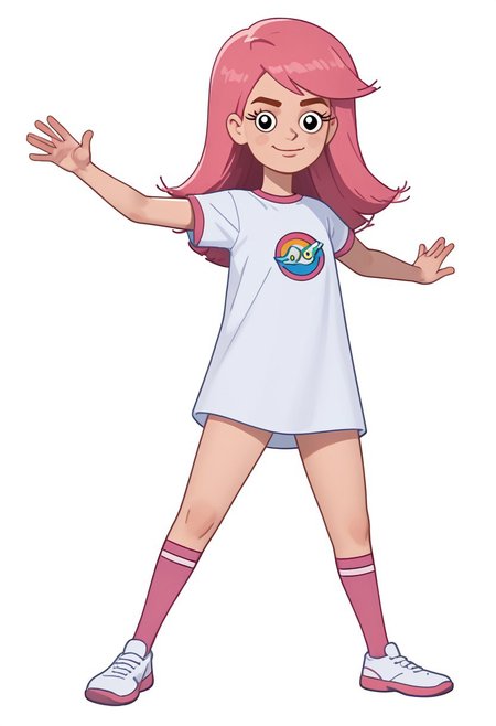 score_7, score_8, score_9, solo focus,  girl olya, 1girl, long hair, pink hair, bangs, snub nosed, black eyes, eyelashes, thin hands, pink kneesocks, white footwear,  standing  against viewer, posing, smug smile, white background, balancin pose,
