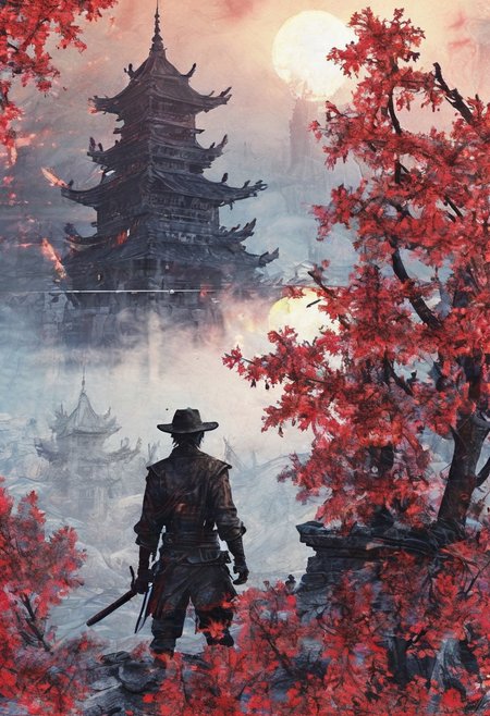 silhouette of a The Hunter in the city of Yharnam, Bloodborne, glowing eyes, t-shirt design, dark magic splash, gothic, Halloween, burnt orange gradient, magic, nature, clean background, magic splash, 3D vector art, fantasy art, watercolor effect, bokeh, Adobe Illustrator, hand-drawn, digital painting, soft lighting, isometric style, retro aesthetic, 4K resolution, using Cinema 4D, natural lighting, cinematic, masterpiece, highly detailed, intricate, extreme textures, horror, terryfying, creepy, Scary  <lora:EpicF4nta5yXL:0.8>,linquivera,  Ink illustration, (anime:0.5), brown tones, aged black red paper,Acer japonicum, inkpunk, surreal,  (at a distance), Will-o'-the-wisp, The city is in the background,moonlit, lonely, solitude, windy, tall trees, samurai sword fight, OverallDetail,Bonsai, bamboo grove,extremely detailed, UHD,(long exposure ,Radiant licorice, Red Japanese maples,dystopian but extremely beautiful:1.4),<lora:- SDXL - letitflrsh_let_it_flourish_V1.0:0.8> ,<lora:Cute_Collectible:1>, <lora:XL_boss_battle:0.6>  <lora:add-detail-xl:1>,  <lora:Concept Art Twilight Style SDXL_LoRA_Pony Diffusion V6 XL:1>,  <lora:MJ52:1>,CyberCity, (blue:1.3)，（red:1.4）,（yellow:1.2）,(harbor:1.3), (ship:1.2), neon lights, scenery, chinese_building, outdoors, road, night, sign, street, riot police, criminals,(bird eye view:1.2),