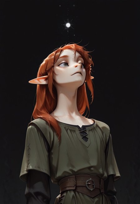 1person, (Lapanya), Malgha, freckles, 2 strands of hair sticking up, pointy ears, Long-sleeve black shirt, green tunic,
Low angle, looking around, floating, weightless, 
Black background, void background, empty space background,
Source: semi-realistic