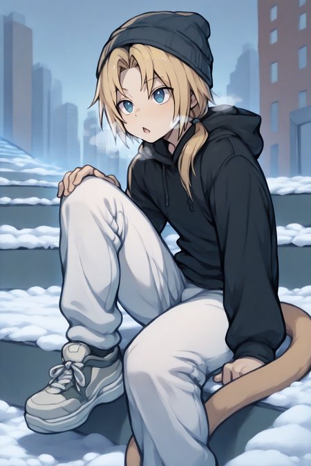 masterpiece, best quality, 1boy, solo, male focus <lora:ffzidane-illu-nvwls-v1-000005:1> z1d4ne, blonde hair, parted bangs, low ponytail, blue eyes, tail, black hoodie, white pants, sitting, sneakers, city, stairs, knee up, hand on own knee, chestnut mouth, winter, snow, heavy breathing, beanie